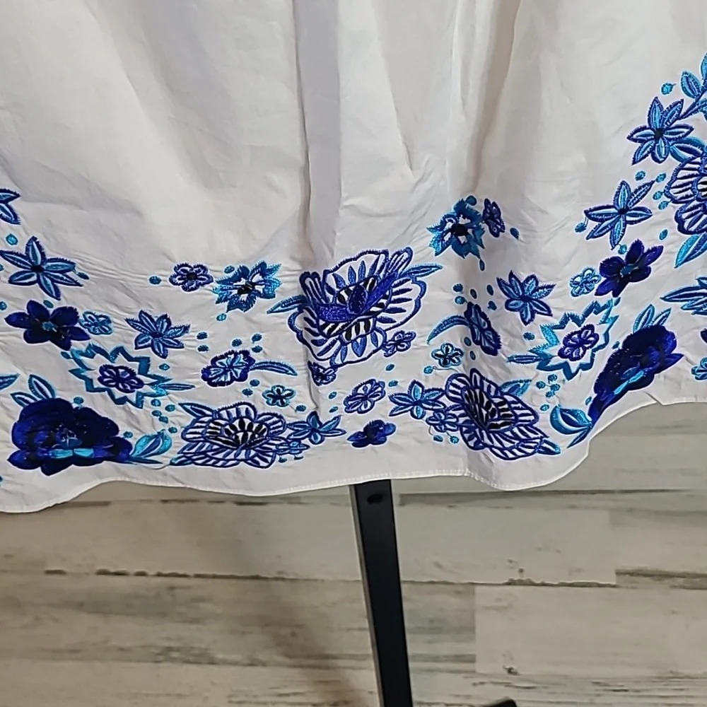 Parker Jace Cotton Poplin Blue Floral Embroidered Smocked Off Shoulder Dress XS - Picture 4 of 5
